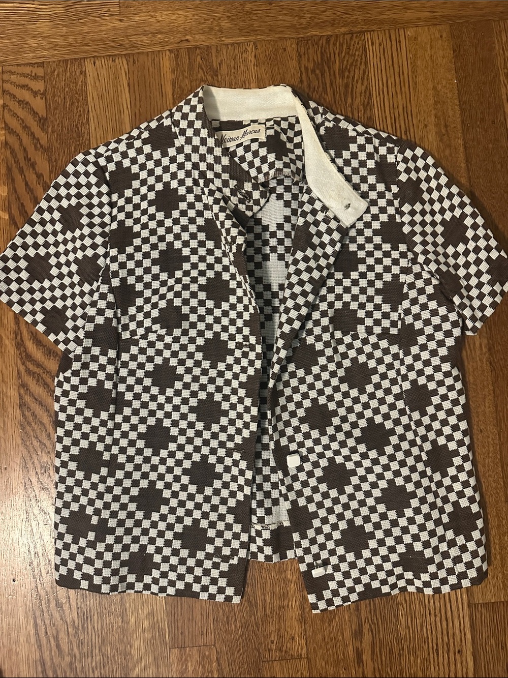 Neiman Marcus Brown and White Checkerboard Short-Sleeve Button Shirt